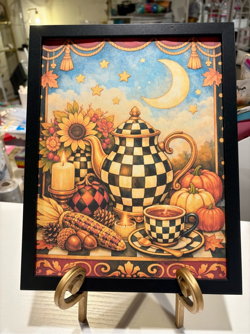 Framed Autumn Harvest Iconic Checkered Teapot 8x10 Wall Art